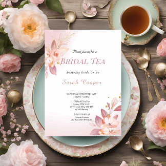 Feminine Blush Gold Floral Bridal Shower Tea Party Invitation