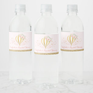 Feminine Blush Gold Floral Hot Air Balloon Favours Water Bottle Label