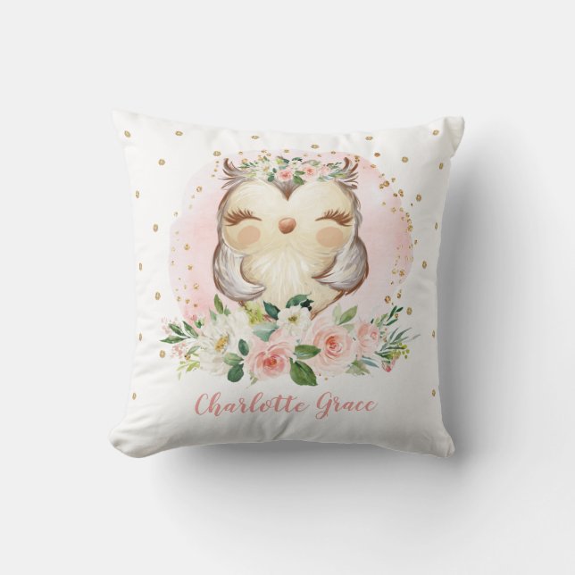 Feminine Blush Gold Floral Owl Girl Nursery Cushion (Front)