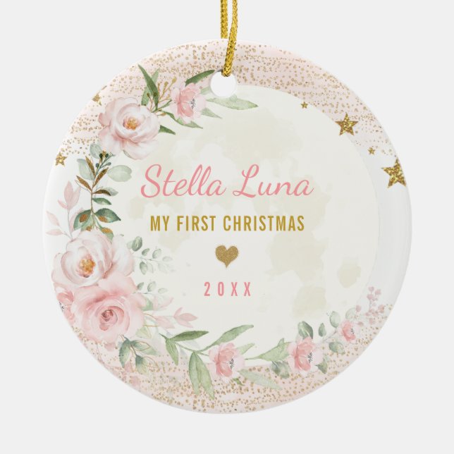 Feminine Blush Gold Moon Stars Baby 1st Christmas Ceramic Tree Decoration (Front)