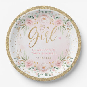 Feminine Blush Gold Pink Floral Baby Girl Shower Paper Plate