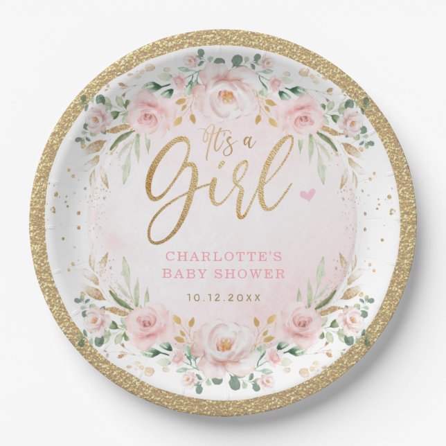 Feminine Blush Gold Pink Floral Baby Girl Shower Paper Plate (Front)