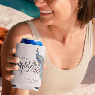 Feminine Blush Peacock Bride Squad Can Cooler