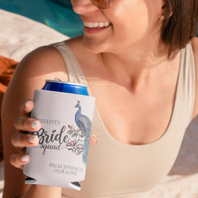 Feminine Blush Peacock Bride Squad Can Cooler (Elegant Blush Pink Bride Squad Peacock Can Cooler for Bridal Shower. Magnolia Tree Flowers in Bloom.)