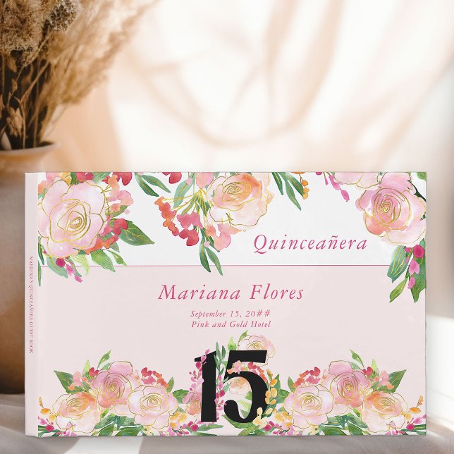 Feminine Blush Pink and Gold Floral 15th Birthday Guest Book (Pretty 15th birthday guest book from my Floral Chic Quinceanera Collection
)