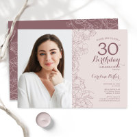 Feminine Blush Pink Floral Photo 30th Birthday