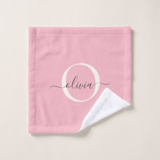 Feminine Blush Pink Grey Monogram Script Name Chic Bath Towel Set