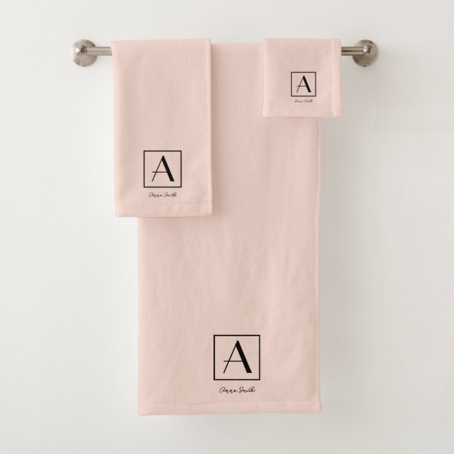 Feminine Blush Pink Monogram Initial Script Chic Bath Towel Set (Insitu)