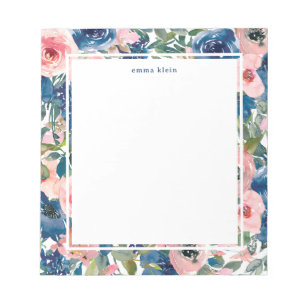 Feminine Blush Pink Navy Blue Floral Pattern Notepad