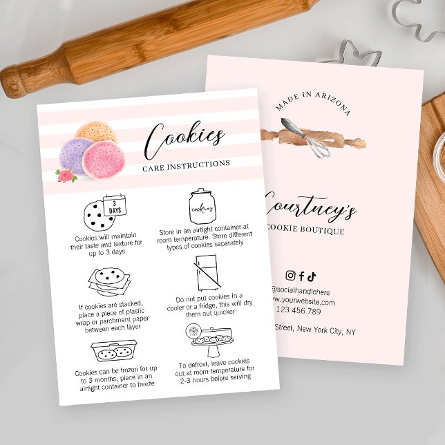 Feminine Blush Pink Watercolor Art Cookies Care Business Card (Elegant cookies care & storage instructions cards with bakery watercolor art and care icons)
