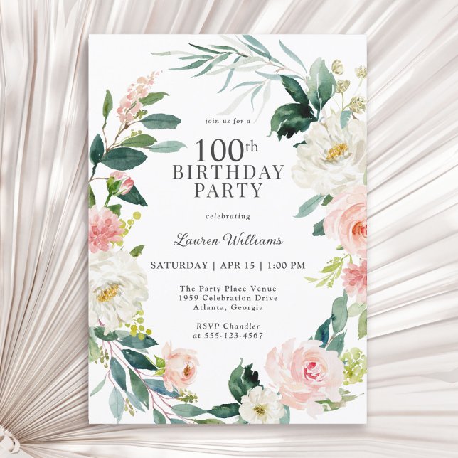 Feminine Blush Rose Floral 100th Birthday Party Invitation (Available in both printed and instant download digital formats.)