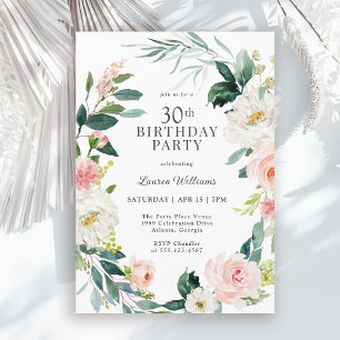 Feminine Blush Rose Floral 30th Birthday Party Invitation