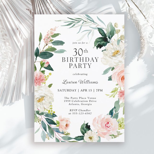 Feminine Blush Rose Floral 30th Birthday Party Invitation (Available in both printed and instant download digital formats.)