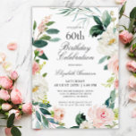 Feminine Blush Rose Floral 60th Birthday Party Invitation<br><div class="desc">A wonderfully feminine 60th birthday party invitation framed in a wreath of blush pink and white watercolor roses and trailing greenery. The colour combinations are both feminine and cheerful to prepare your guests for a happy celebration. Personalise with your event details by replacing the sample text shown in the design...</div>