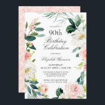 Feminine Blush Rose Floral 90th Birthday Party Invitation<br><div class="desc">A wonderfully feminine 90th birthday party invitation framed in a wreath of blush pink and white watercolor roses and trailing greenery. The colour combinations are both feminine and cheerful to prepare your guests for a happy celebration. Personalise with your event details by replacing the sample text shown in the design...</div>