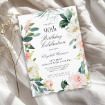 Feminine Blush Rose Floral 90th Birthday Party Invitation<br><div class="desc">A wonderfully feminine 90th birthday party invitation framed in a wreath of blush pink and white watercolor roses and trailing greenery. The colour combinations are both feminine and cheerful to prepare your guests for a happy celebration. Personalise with your event details by replacing the sample text shown in the design...</div>