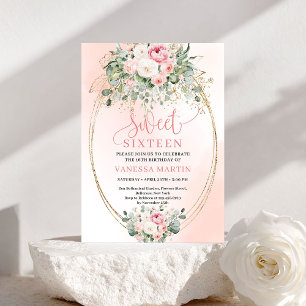 Feminine Blush Roses Gold Floral Sweet Sixteen Invitation