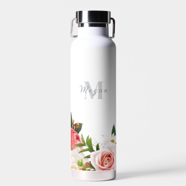 Feminine Boho Botanical Wildflowers with Monogram  Water Bottle (Front)