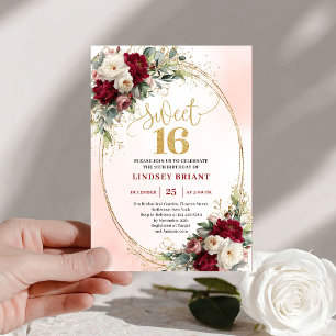 Feminine Boho Burgundy Gold Floral Sweet Sixteen Invitation
