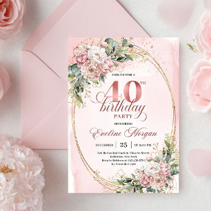 Feminine Boho Pastel Pink Floral 40th Birthday  Invitation