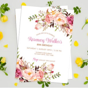 Feminine Boho Pink Peony Floral 80th Birthday Invitation