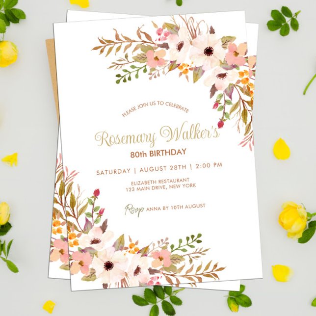 Feminine Boho Roses Floral 80th Birthday Party Invitation (Floral Adult 80th Birthday Invitation)