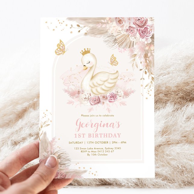 Feminine Boho Swan Princess Pink Blush Birthday Invitation (Creator Uploaded)