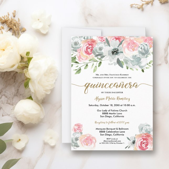 Feminine Boho Watercolor Floral Quinceanera Invitation (Roses watercolor quinceanera invitation)
