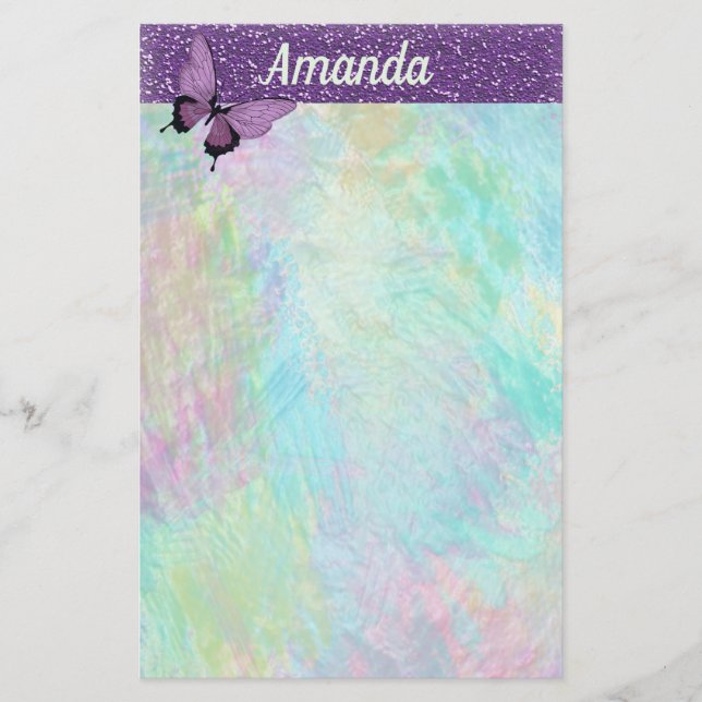 Feminine Butterfly and Faux Glitter Stationery (Front)