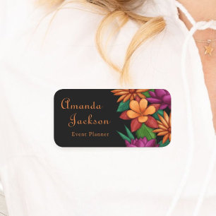 Feminine Colourful Flowers Black Elegant Branded Name Tag