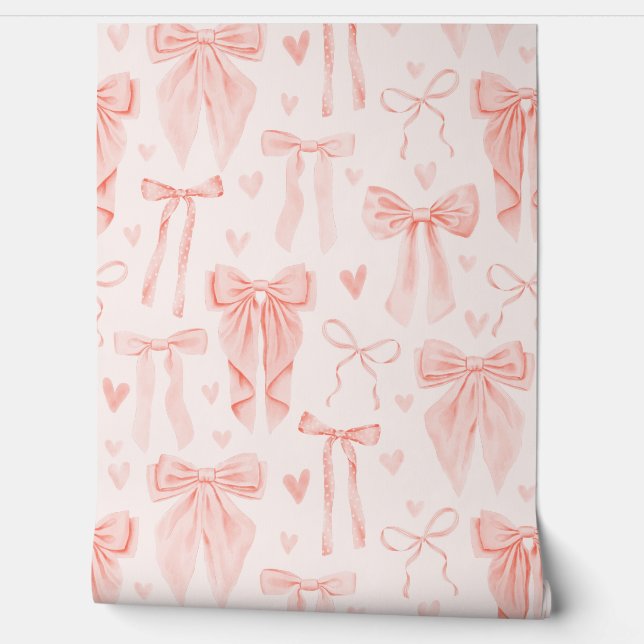 Feminine Coral Bows and Hearts Soft Pastel Wallpaper (Unrolling)
