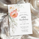 Feminine Coral Peach Floral 40th Birthday Invitation<br><div class="desc">Celebrate a 40th birthday in feminine style with this elegant watercolor floral party invitation featuring coral peach and ivory peonies with trailing greenery.  Personalise the text template with your event details. This invitation is available in both printed and instant download digital formats for your convenience.</div>