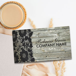 Feminine country chic black lace barn wood business card