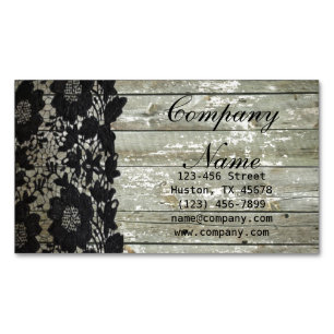 Feminine country chic black lace barn wood magnetic business card