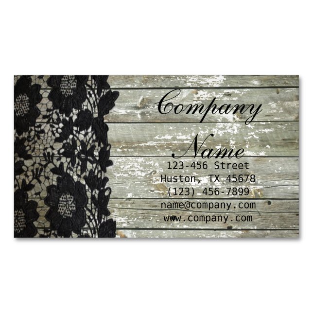 Feminine country chic black lace barn wood magnetic business card (Front)