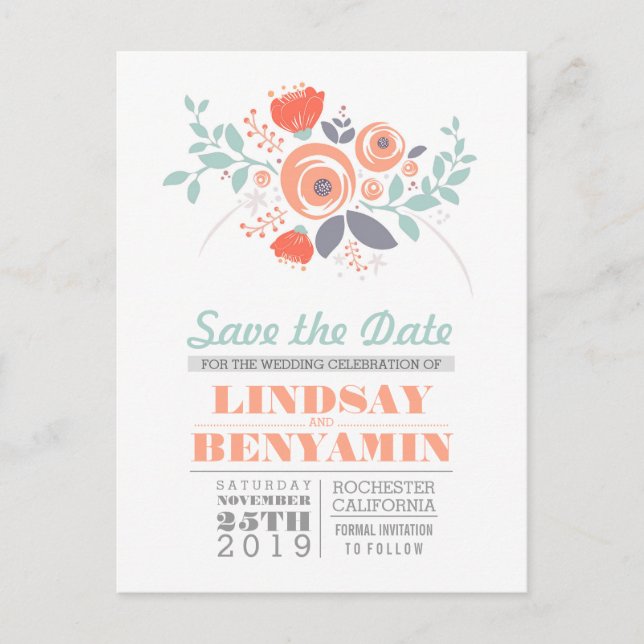 Feminine cute floral save the date postcards (Front)