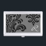 Feminine Damask Monogram Business Card Holder<br><div class="desc">A chic feminine design featuring a black damask pattern over a grey background and personalised with a monogram. Change the monogram to your own by replacing the sample text in the design template.</div>