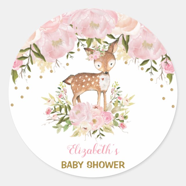 Feminine Deer Baby Shower Blush Pink Floral Classic Round Sticker (Front)