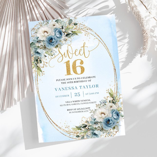 Feminine Dusty Blue Floral Sweet Sixteen Invite (Feminine Dusty Blue Floral Sweet Sixteen Invitation)
