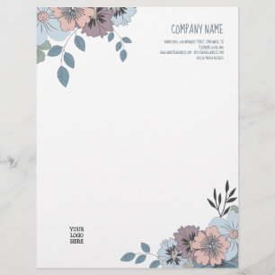 Feminine Dusty Blue Salmon Pink Florals Logo Custom Letterhead