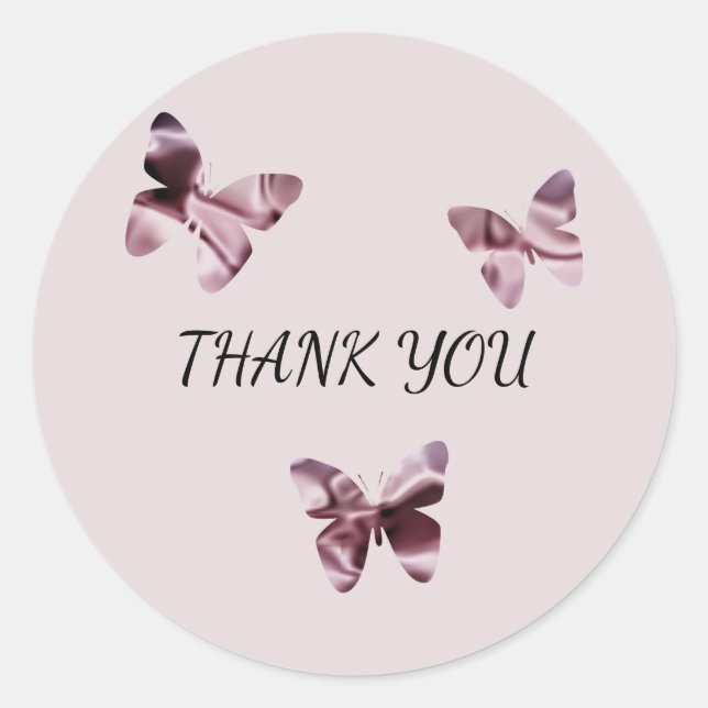 Feminine Elegant Pink Satin Butterfly Thank You Classic Round Sticker (Front)