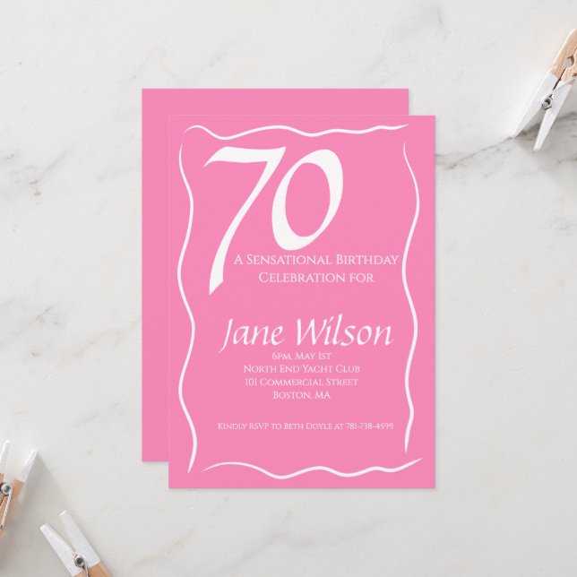 Feminine Elegant Pink Script 70th Birthday  Invitation (Front/Back In Situ)