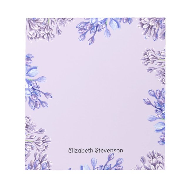 Feminine Elegant Watercolor Lilac Flowers Name Notepad (Front)