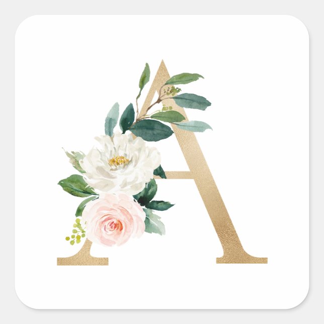 Feminine Faux Gold Foil Floral Letter A Monogram Square Sticker (Front)