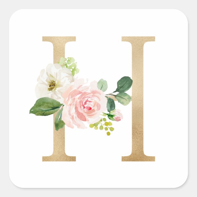 Feminine Faux Gold Foil Floral Letter H Monogram Square Sticker (Front)