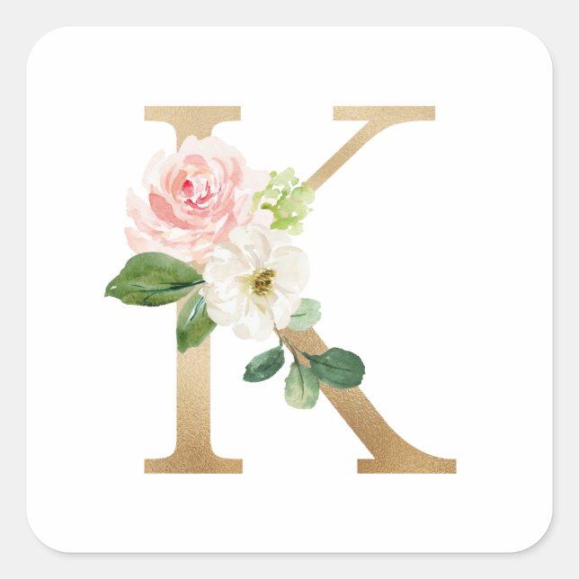 Feminine Faux Gold Foil Floral Letter K Monogram Square Sticker (Front)
