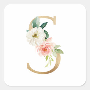 Feminine Faux Gold Foil Floral Letter S Monogram Square Sticker