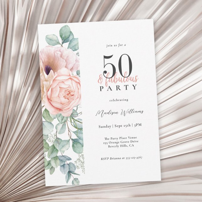 Feminine Floral 50 and Fabulous Birthday Party Invitation (Available as printed and paperless digital download!)