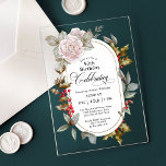 Feminine Floral December 50th Birthday Celebration Acrylic Invitations<br><div class="desc">When your birthday occurs in the month of December, it often gets lost in all the holiday fanfare. Make the guest of honour feel special with this beautifully unique custom birthday party invitation. A feminine pink rose floral accent added to the holly and berries evergreens on this unique acrylic card...</div>