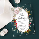 Feminine Floral December 70th Birthday Celebration Acrylic Invitations<br><div class="desc">When your birthday occurs in the month of December, it often gets lost in all the holiday fanfare. Make the guest of honour feel special with this beautifully unique custom birthday party invitation. A feminine pink rose floral accent added to the holly and berries evergreens on this unique acrylic card...</div>